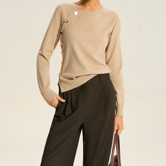 Commense Asymmetric Button Knit Top  Camel Color Long Sleeve Gold Detail Size M - Picture 7 of 11